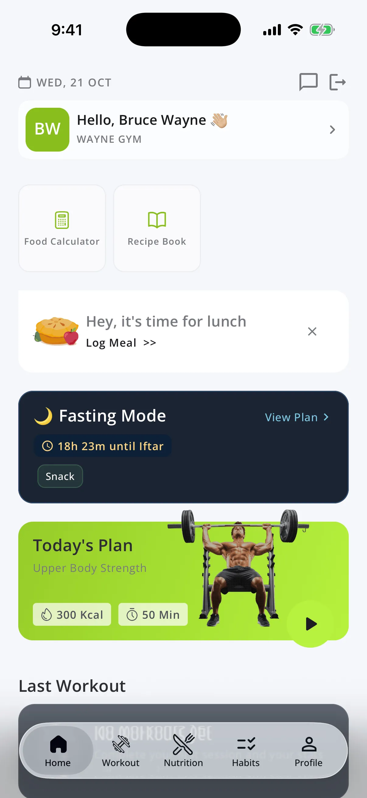 The ELSE app on iPhone: the client’s home screen with today’s workout and meals